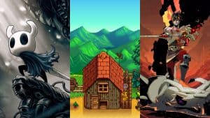 Hollow Knight, Stardew Valley, and Hades key art