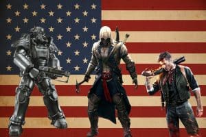 American flag, Booker Dewitt, Fallout 3 power armor, and Edward Kenway