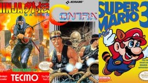 Ninja Gaiden, Contra, and Super Mario Bros. 3 cover art