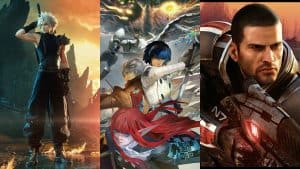 Final Fantasy VII Rebirth, Mass Effect 2, and Metaphor: ReFantazio key art