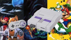 Star Fox, Super Metroid, and Super Mario World key art with an SNES console