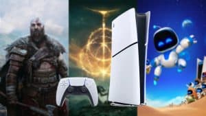 God of War Ragnarok, Astro Bot, and Elden Ring key art with a PS5 console