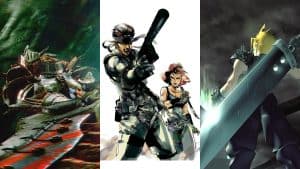 Monster Hunter Portable 2nd G, Final Fantasy VII, and Metal Gear Solid key art