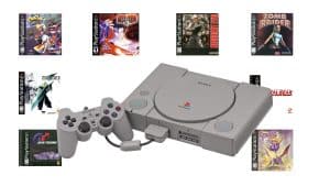 PlayStation console and cover art for some of its best-selling games