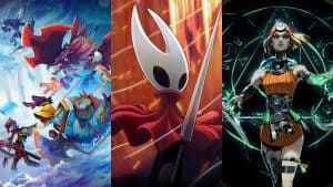 Hollow Knight: Silksong, Hades II, and Monster Train 2 key art