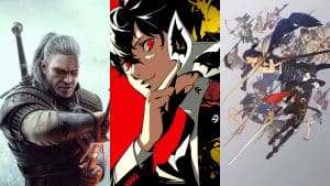 The Witcher 3, Fire Emblem: Awakening, and Persona 5 key art
