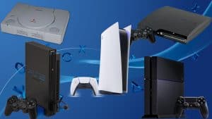 PS1, PS2, PS3, PS4, and PS5 hardware with the PlayStation OS background