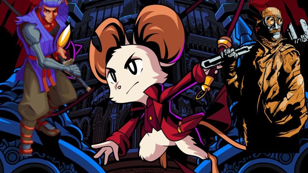 Mina the Hollower key art with Bushiden and Iron Hive character models