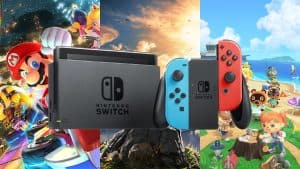 Mario Kart 8 Deluxe, The Legend of Zelda: Breath of the Wild, and Animal Crossing: New Horizons key art and a Nintendo Switch console
