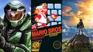 Halo, Super Mario Bros., and The Legend of Zelda: Breath of the Wild key art