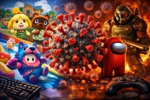 Custom image depicting the COVID-19 virus and characters from popular games during the pandemic