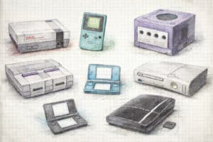 Hand-drawn sketch of older gaming consoles